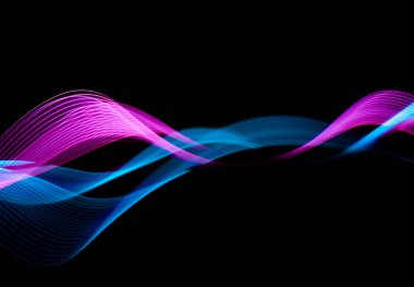Magic waves banner design. Technology neon blue and pink lines on black background. High quality photo