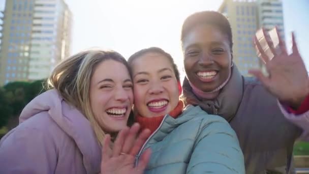 Pov Shot Grupo Jóvenes Adolescentes Multiétnicas Que Tienen Una Videollamada — Vídeo de stock