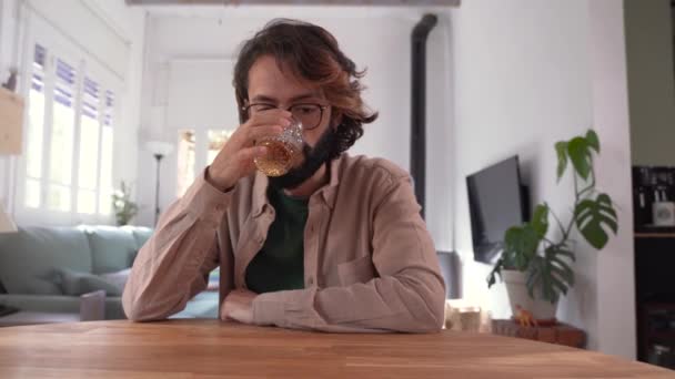 Mannen Som Drikker Alkohol Dagtid Alkoholavhengighetsproblemet Misbruk Alkohol Glass Whisky – stockvideo