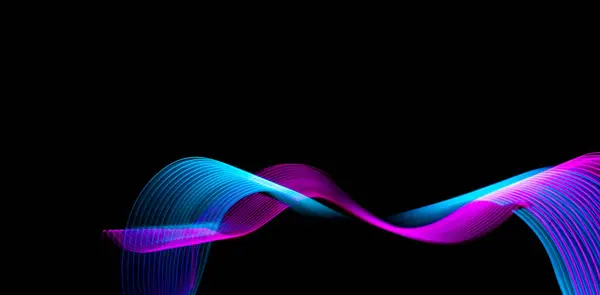 Abstract Neon Metallic Pink Blue Waves Curvy Lines Black Background Stock Image