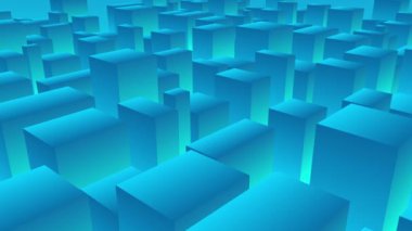 Soyut 3d küpleri, gökdelenlerin soyut arka planına sahip mavi gradyan minimal akıllı şehri dikdörtgenlere ayırır. Yüksek kalite 4k görüntü
