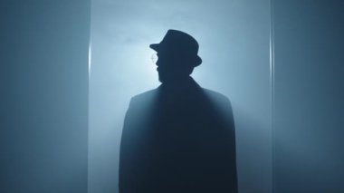 Kara film dedektifi karanlıkta sigara içiyor. Yağmurluk ve fötr şapka takıyor. Yüksek kalite 4k görüntü