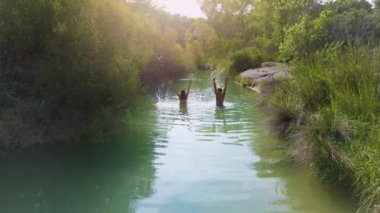 Yazın bir nehirde birlikte yüzen iki arkadaşın hava görüntüsü. Yüksek kalite 4k görüntü