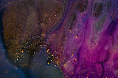 Bir makro fotoğraf resmi, siyah arka planda karmaşık desenleri ve daireleri olan canlı mor ve altın bir tablo sergiliyor.