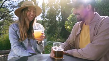 Mutlu çift arkadaşlar, güneşli bir günde arka bahçede kadeh kaldırırken içki içerler. Yüksek kalite 4k görüntü