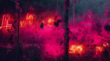 Soyut bir neon duvar yazısı duvarda sergileniyor, canlı pembe renkler ve kentsel bir atmosfer sergiliyor.