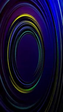 Karanlıkta parlayan dairesel spiralin siyah arka planında dikey aydınlık neon çerçeve. Yüksek kalite 4k görüntü