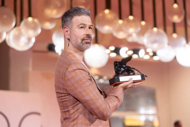 VENICE, ITALY - SEPTEMBER 06: David Pablos poses with the Coppa Volpi for Best Actress during the winners photo-call at the 82nd Venice Film Festival on September 06, 2025 in Venice, Italy..