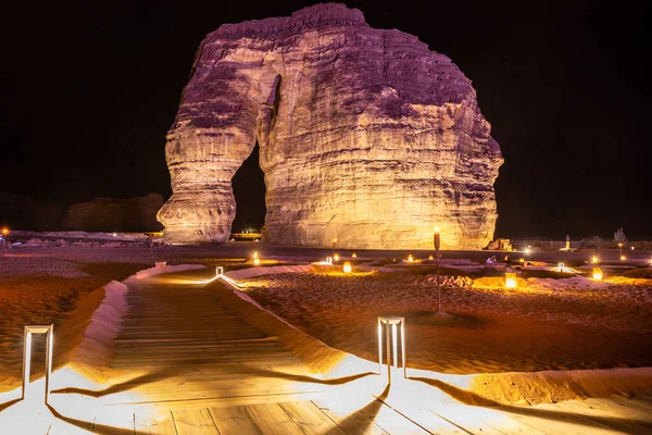Illuminated Sandstone Elephant Rock Erosion Monolith Standing Night Desert Ula — Stock Photo, Image