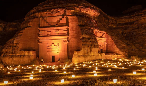Tombes Antiques Ville Hegra Illuminées Pendant Nuit Ula Arabie Saoudite — Photo