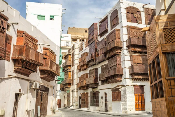 Старый Город Аль Балад Традиционными Мусульманскими Домами Деревянными Окнами Балконами — стоковое фото
