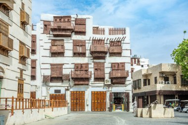 Geleneksel Müslüman evleri olan Al-Balad eski kasabası, Jeddah, Suudi Arabistan