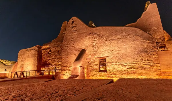 stock image Diriyah old town walls illuminated at night, Riyadh, Saudi Arabia