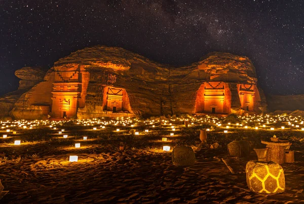 Starlight Sky Ancient Nabataean Tombs Hegra City Illuminated Night Panorama — Stock Photo, Image