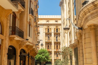 Old Beirut central downtown narrow street architecture with buildings and street lights, Lebanon clipart