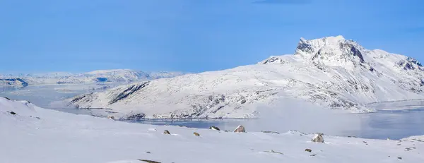 Grenlandzka Pokrywa Lodowa Zima Sermitsiaq Górska Morska Panorama Fiordu Nuuk — Zdjęcie stockowe