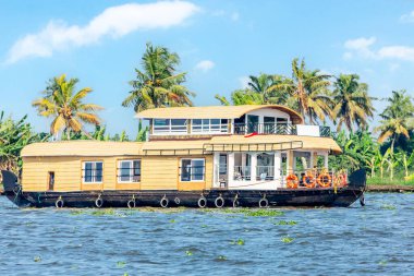 Pamba nehrinde yüzen geleneksel Hint turist tekneleri, kıyı şeridinde palmiyeler, Alappuzha, Kerala, Güney Hindistan