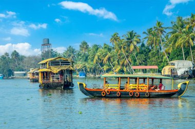 Pamba nehrinde yüzen geleneksel Hint yüzen tekneleri, kıyı şeridinde palmiyeler, Alappuzha, Kerala, Güney Hindistan