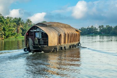 Pamba nehrinde yüzen geleneksel Hint yüzen tekneleri, kıyı şeridinde palmiyeler, Alappuzha, Kerala, Güney Hindistan