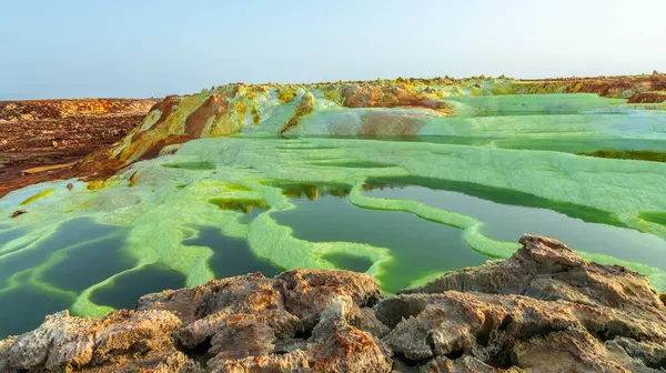 stock image Colorful green volcanic lake terraces and yellow sulphur minerals, Danakil Depression desert, Afar region, Ethiopia