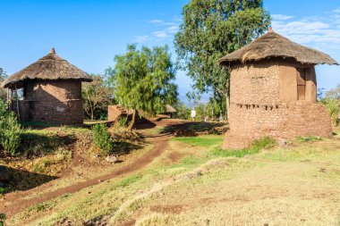 Geleneksel Etiyopya köyü çatısı taştan yuvarlak evler, Lalibela, Amhara Bölgesi, Etiyopya.