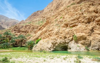 Wadi Shab Kanyonu 'nun ortasındaki yeşil vaha akıntısı, Tiwi, Sultan Umman.