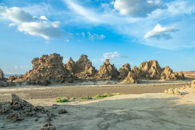 Antik bacalar tuz gölü Abbe, Dikhil bölgesi, Cibuti 'nin kurumuş tabanında mineral kaya oluşumları