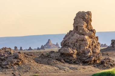 Antik bacalar tuz gölü Abbe, Dikhil bölgesi, Cibuti 'nin kurumuş tabanında mineral kaya oluşumları