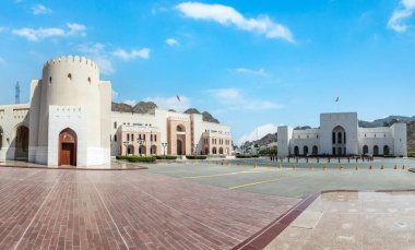 Muscat Takia eski tarihi şehir merkezi panorama beyaz geleneksel Arap binaları, Umman