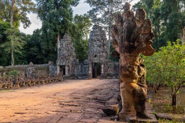 Antik Hindu Preah Khan Gopura tapınağının ön planda Naga heykeli, Angkor Arkeoloji Parkı, Siem Reap, Kamboçya