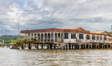 Kampong Ayer the floating village wooden Malay traditional houses standing on stilts on the river, Bandar Seri Begawan, Borneo, Sultanate Brunei Darussalam clipart