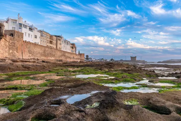 Akşamları Portekiz Mogador Kalesi, Essaouira Fas Kalesi, Skala de la Villa kalesinin duvarlarında gelgit gölleri olan Fas kasabası.