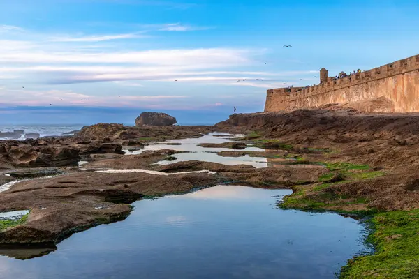 Skala de la Villa kalesinin duvarlarında alçak gelgit gölleri, Portekiz Mogador kalesi, Essaouira, Fas