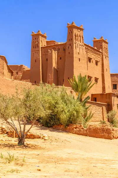 Ait Benhaddou ksar köyü duvarları ve kale kasbah kuleleri, önü vaha, Ouarzazate vilayeti