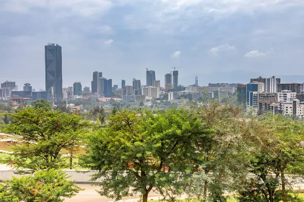 Addis Ababa 'nın şehir merkezindeki modern gökdelenler ve ön plandaki yeşil park, Etiyopya