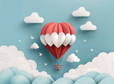 Lvve and Valentine day ,Origami made hot air balloon in a heart shape on ligth blue sky with cloud and birds, paper cut  art style.