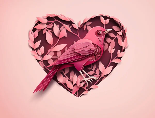 バレンタインと赤い鳥との愛の木の心の形の枝に浸透した 紙切りアートスタイル — ストックベクタ