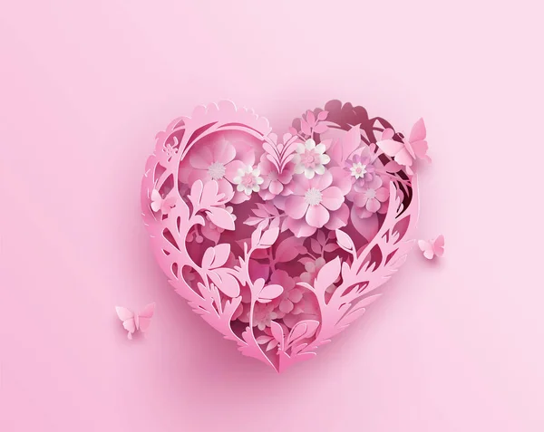 Concpt Love Happy Valentine Day Flowers Leaft Made Paper Heart — Stockvektor