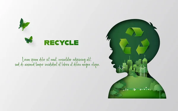 Recycle Schild Mit Grüner Stadt Umweltfreundliche Wiederverwendung Von Abfällen Und — Stockvektor