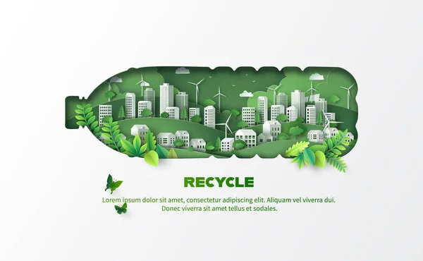 Ανακυκλώστε Και Περιβάλλον Έννοια Ένα Σχήμα Μπουκαλιού Και Πράσινο Πόλη — Διανυσματικό Αρχείο