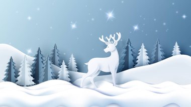 Noel ağacı ve karlı ren geyiği, kış mevsimi ve noel. Kağıt sanatında vektör illüstrasyonu..
