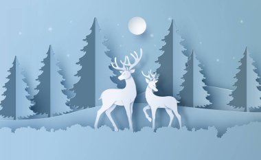 Ormanda karlı geyik. Vektör kağıt sanat tarzı..