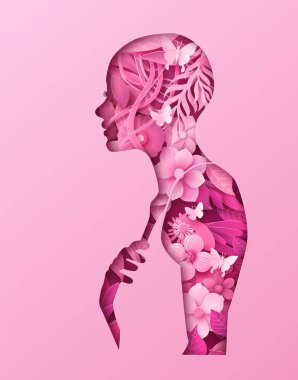 Göğüs kanseri farkındalığı ayı. Kağıt kesikli çiçek ve pembe kurdeleli kadın..