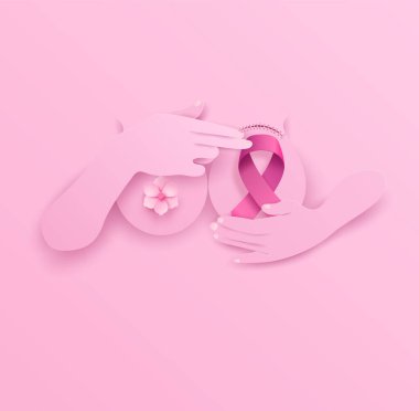 Breast cancer awareness month. paper cut  woman with flowers and pink ribbin. clipart