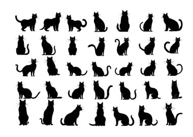 Cadılar Bayramı için siyah kedi karakterleri, siluet el çizimi.