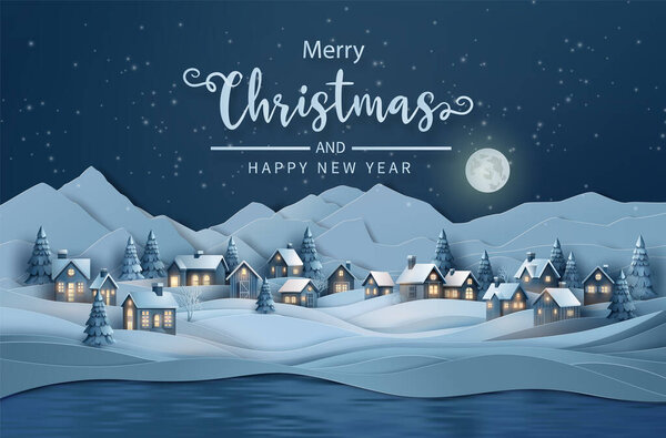 С Новым годом и Рождеством, деревня Рождественских ночей с полной луной, снежный пейзаж панорама