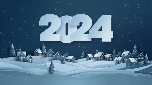 メリークリスマスとハッピーニューイヤー2024年 カントリーサイドクリスマスナイト村 雪の風景パノラマ ベクターグラフィックス