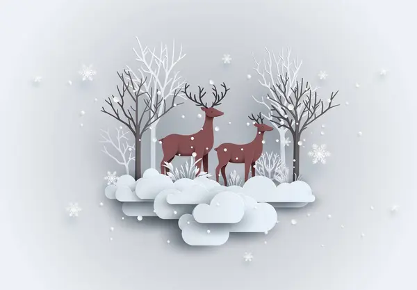 雪と森の鹿 雪景色 コピースペース 挨拶カード ペーパーは芸術様式を切りました ロイヤリティフリーのストックイラスト