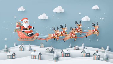 Noel Baba 'nın gökyüzünde resmedilmiş hali. Kış Karlı Şehir Manzarası' na geliyor. Noel gecesi köyü, fotokopi alanı. Tebrik kartı. Kağıt kesiği sanat tarzı.