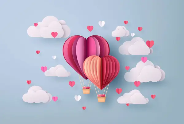 愛とバレンタインの日 オリガミはクラウド コピースペース 挨拶カードが付いている縁の青空の心の形で熱い気球を作りました ペーパーは芸術様式を切りました ストックイラスト